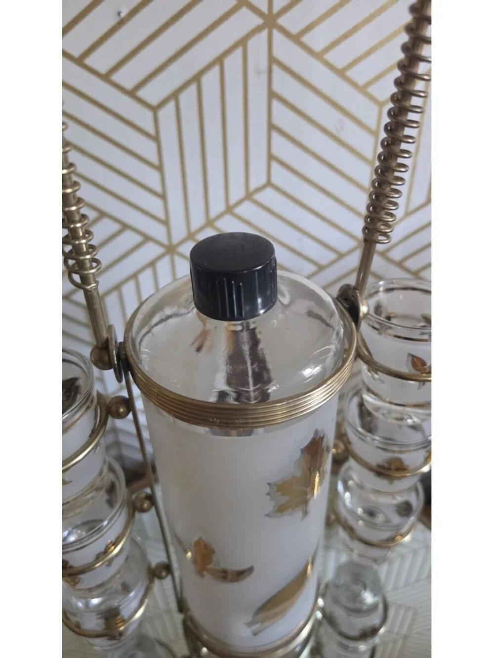 Vintage Libbey Starlyte Gold Leaf Foliage Barware Decanter/ Shot Glass Set Caddy